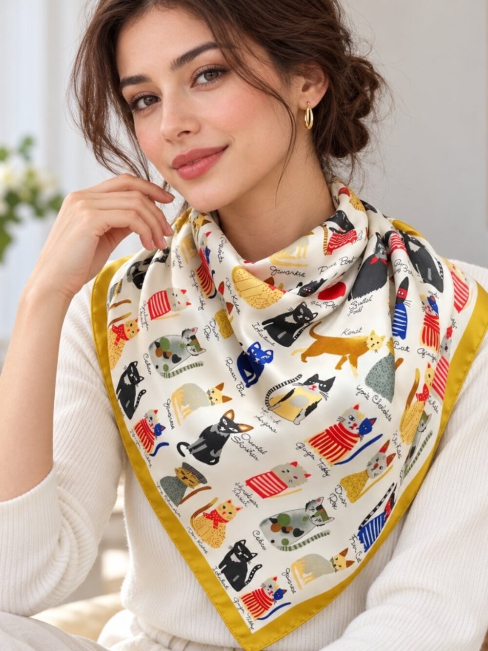 Cute Cat Print Square Satin Scarf Yellow Border Multicolor Neck Head Scarf